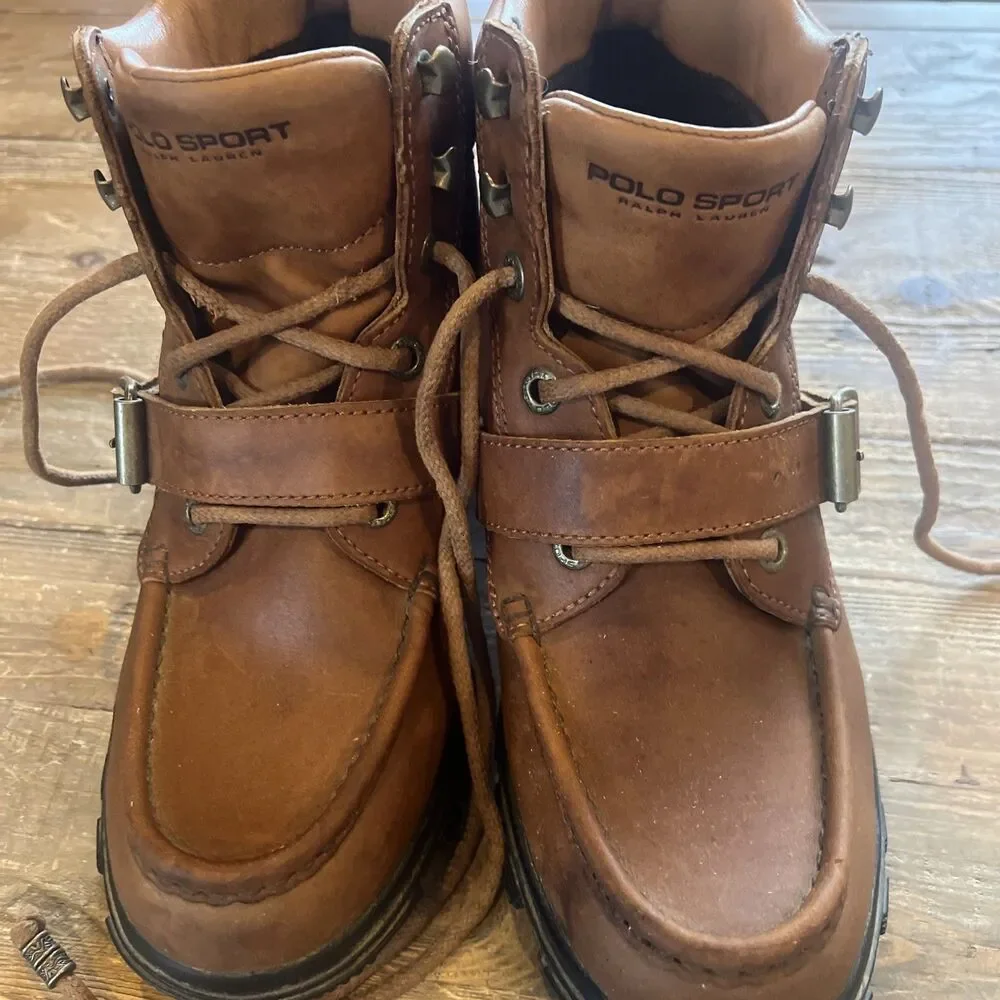 VTG Ralph Lauren Polo Sport Leather Hiking Boots Lug Sole Buckle Strap Men’s 10